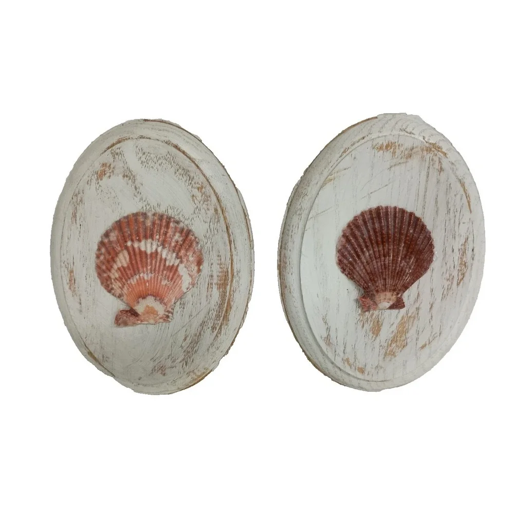 Vintage Handmade Wood Sea Shell Oval Wall Art Plaque Set Coastal Beach Decor